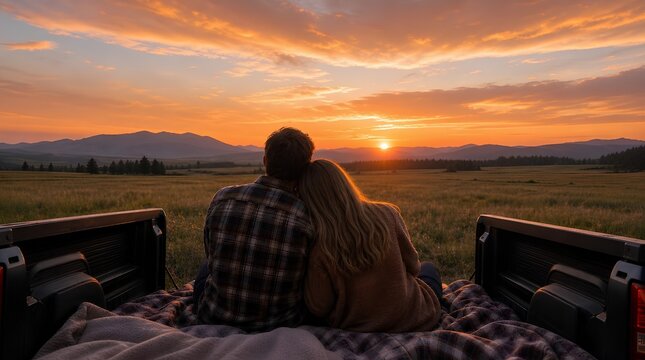 A couple sits close together on blankets in a pickup truck bed, watching a glowing sunset over open fields and distant mountains for romantic travel advertising.