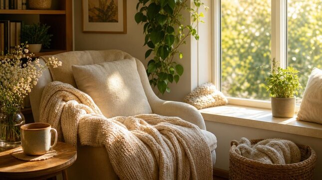 A sunlit reading nook with an upholstered armchair, knitted blankets, houseplants, flowers, and a coffee mug offers a cozy setting for home decor and lifestyle promotions.