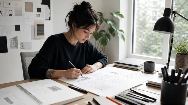 A focused young designer sketches website wireframes at a bright desk with papers, pens, plants, and a lamp for creative agency or freelance branding.