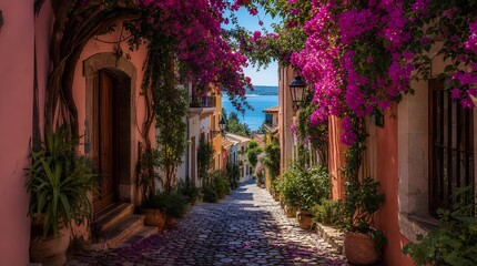 Obraz premium A sunlit cobblestone alley lined with potted plants and vivid bougainvillea leads between pastel seaside houses, ideal for coastal travel promotions.
