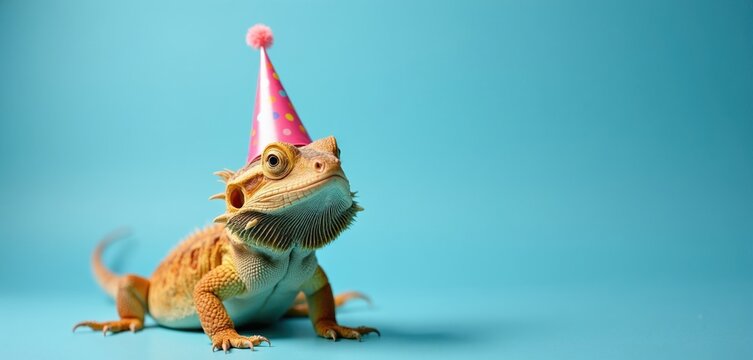 Bearded dragon lizard wears pink birthday party hat. Reptile looks funny on solid blue background with empty space for text. Exotic pet animal celebrates anniversary event. Small creature poses for