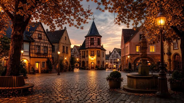 An autumn cobblestone village square with half timbered houses, glowing street lamps, a fountain, and sunset sky suggests travel, tourism, or hospitality promotion.