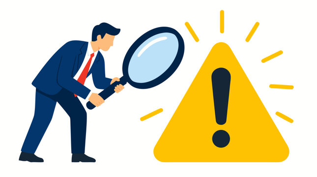 Businessman holding a magnifying glass inspecting a glowing yellow warning triangle. Flat vector illustration for risk management, business analysis, safety inspection, corporate caution. Bold colors.