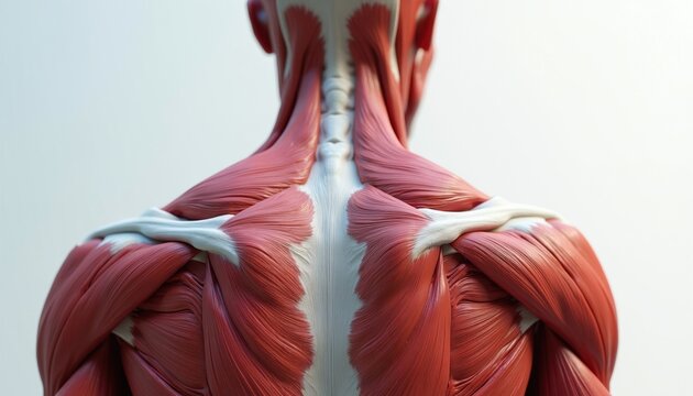 Human shoulder back muscles anatomy illustration. Medical model shows muscular system structure with red fibers, white connective tissue. Detailed physiology study neck scapula spine deltoid