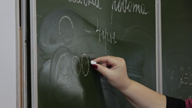 A professional teacher writes complex math exercises on a green chalkboard using white chalk to create an academic atmosphere for learning while demonstrating clear instruction