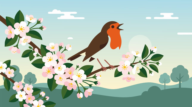 A cheerful robin bird singing melodiously on a blossoming spring branch adorned with pink and white flowers against a serene blue sky with fluffy clouds and rolling green hills. Flat vector