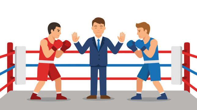 Calm professional boxing referee in elegant business suit standing between rival boxers in red and blue, raising hands to halt the match, flat vector illustration of business conflict resolution and