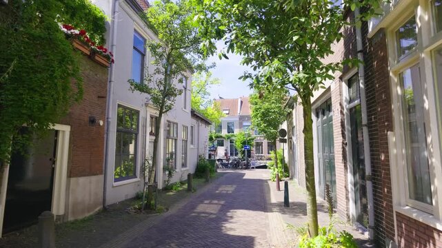 Sunny Cobblestone Street in Haarlem, Netherlands with Shops