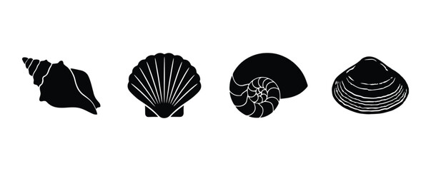 Seashells and marine life silhouettes set with seashells nautical wildlife silhouette underwater tropical creature collection isolated © Nondon