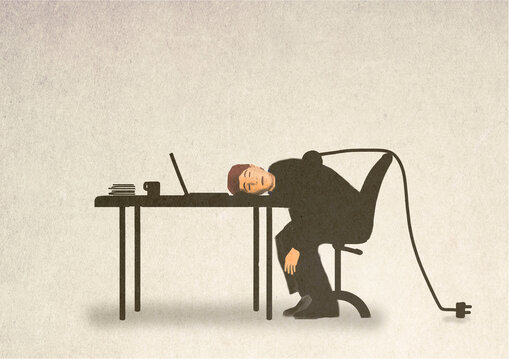 Illustration of exhausted man with unplugged electric cable coming out of his back