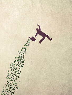 Illustration of businessman falling down with briefcase spilling out money