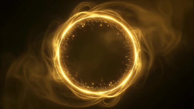 Circular golden light effect surrounded by soft swirling smoke on a dark background. Glowing