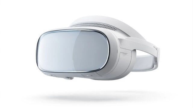 Modern white virtual reality headset floating in air with soft lighting.