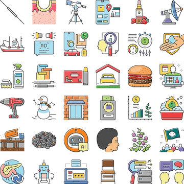 Business icons collection featuring varied symbols depicting different industries, services, technology, medicine, and daily life on a clean white background