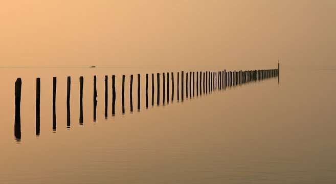 Serene sunset casts a warm glow on a line of weathered posts in tranquil water