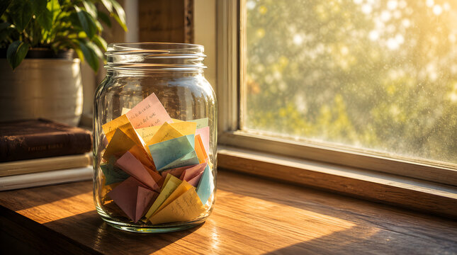 Glass jar filled with colorful paper notes on wooden windowsill by sunny window.