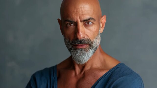 Bald bearded man posing with intense expression in studio