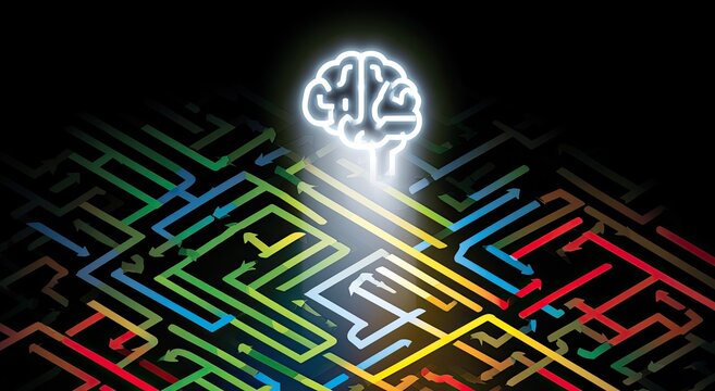 Glowing brain illuminating a complex, colorful maze of pathways
