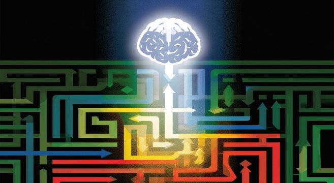 Glowing brain above colorful maze with arrows indicating paths