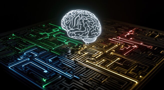 Glowing digital brain atop colorful, illuminated circuitry maze
