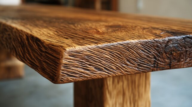 Textured, rustic wood surface with pronounced grain and sturdy legs