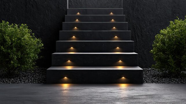 Modern outdoor stairs with subtle uplighting and lush greenery