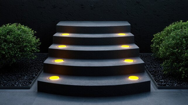 Modern, illuminated, curved steps ascend amidst lush greenery and dark gravel