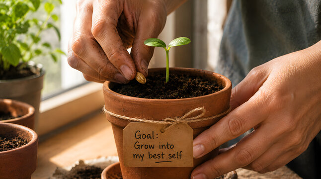 Planting seed in soil goal grow best self tag close up hand gardening.