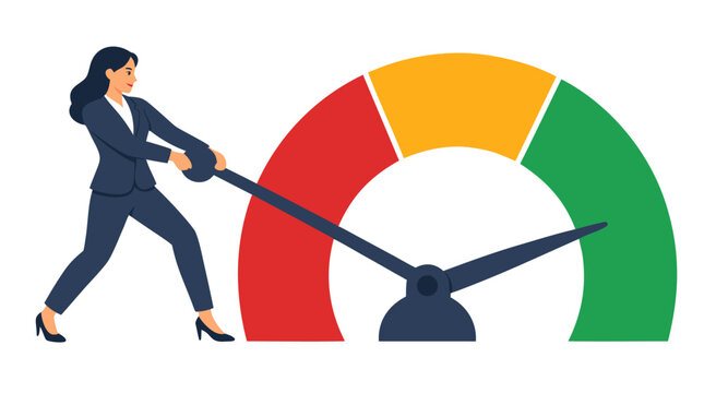 Professional Businesswoman Pulling Large Lever to Move Meter Needle from Red Danger Zone Down to Green Safe Zone, Illustrating Risk Management, Safety Improvement and Corporate Performance Control
