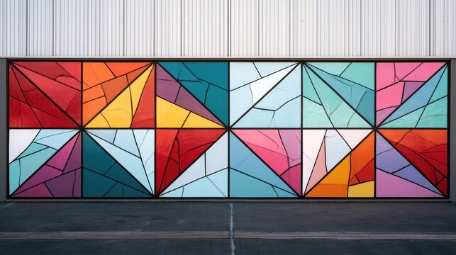A large, colorful, geometric stained-glass-like mural on a modern building