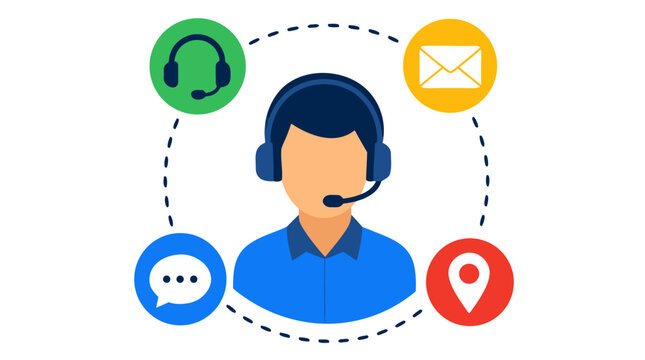 Professional Customer Service Representative Wearing a Headset Surrounded by Email Envelope, Chat Bubble, Location Pin and Headset Icons in a Dashed Circle Orbit, Bold Flat Vector Graphic Design for