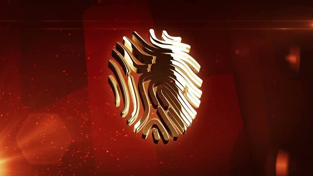 Fingerprint biometric identity and security protection metal shine symbol. Abstract 3d golden metal reflection icon animation.