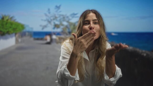 Middle aged hispanic woman blowing a kiss with hand to mouth on a seaside street promenade in a white shirt, smiling and leaning forward; warm greeting affection.