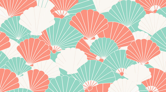 Elegant Seamless Pattern of Overlapping Art Deco Fans and Scallop Shells in Pearl White Coral and Mint Green, Clean Flat Design Vector Background for Summer Beach Fashion and Home Decor Textiles