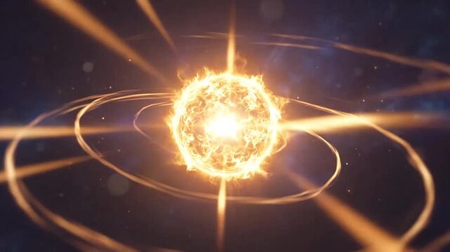 A glowing sphere of fire radiates bright light in deep space