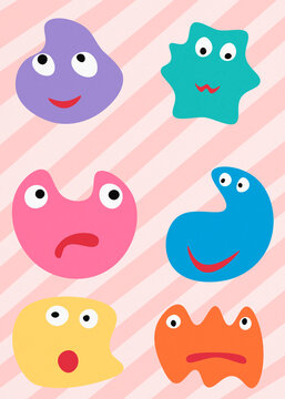 Colorful cute blob monster illustration with funny facial expression