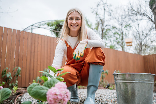 Smiling woman plants a pink hydrangea in her spring backyard garden