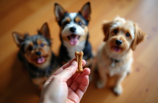 Hand offers bone shaped treat to eager dogs indoors. Three small dogs sit patiently, waiting for reward. Happy pets anticipate yummy snack, focus on yummy biscuit.