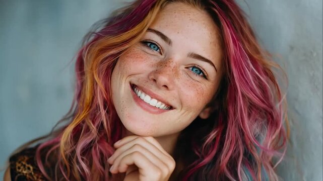Happy young woman with multicolored hair and freckled face.