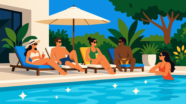 Vibrant flat vector illustration of a diverse group of happy friends relaxing on colorful lounge chairs beside a sparkling blue swimming pool under a large beige umbrella, enjoying a sunny summer