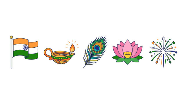 Celebrating freedom with Indian flag, fireworks, lotus flower, diya lamp, peacock feather, rangoli, historic fort, unity, patriotism on August 15.