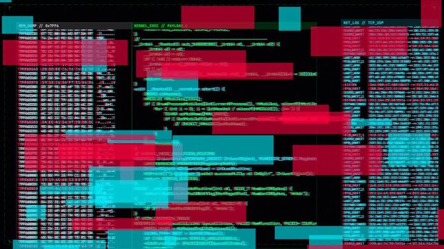 Computer code hex dump with green text scrolling and red cyan digital glitch effects for cyber security background interface