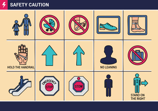 Escalator Safety Instruction Icons and Warning Signs