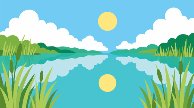 Beautiful Flat Vector Illustration of Serene Turquoise Lake with Reflective Water Surface, Pale Yellow Sun, Fluffy White Clouds and Lush Green Reeds in Minimalist Nature Landscape Design