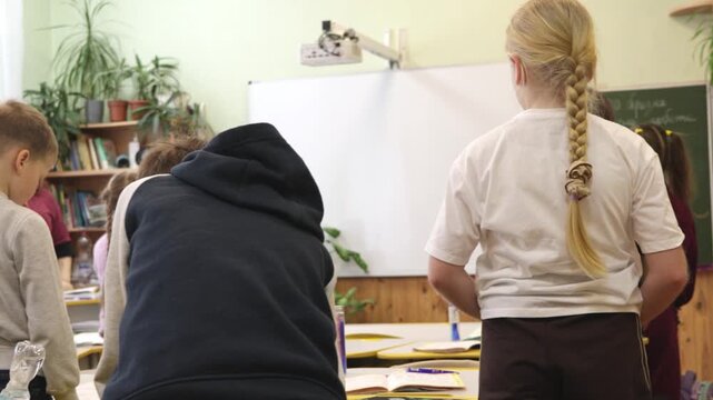 A young girl with a braided ponytail standing in a classroom during a lesson, representing student engagement and interactive academic learning in a contemporary school environment