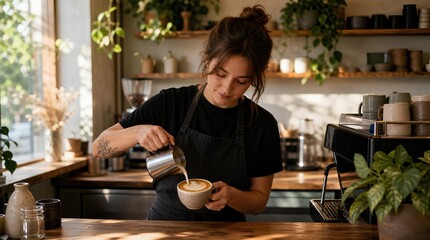Fototapeta premium A young barista pours steamed milk into a latte behind a warm cafe counter, ideal for coffee shop branding, hospitality promotions, and artisan beverage marketing.