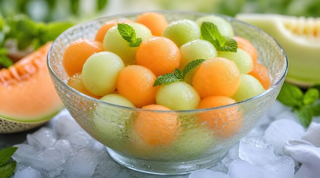 Chilled cantaloupe and honeydew melon balls with mint leaves sit in a frosted glass bowl on ice, perfect for refreshing summer salad or party catering ads.