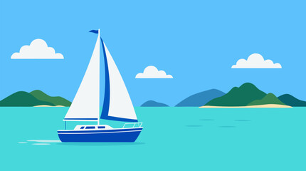 Fototapeta premium Vibrant Flat Vector Illustration of a Classic Blue Sailboat Gliding Across Calm Turquoise Ocean Water, Surrounded by Lush Green Tropical Islands, Distant Misty Mountains, Fluffy Soft White Clouds