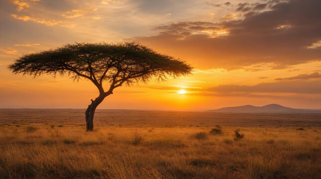 A lone acacia tree stands over golden savanna grass at dramatic sunset, ideal for travel, conservation, safari, and wilderness marketing.
