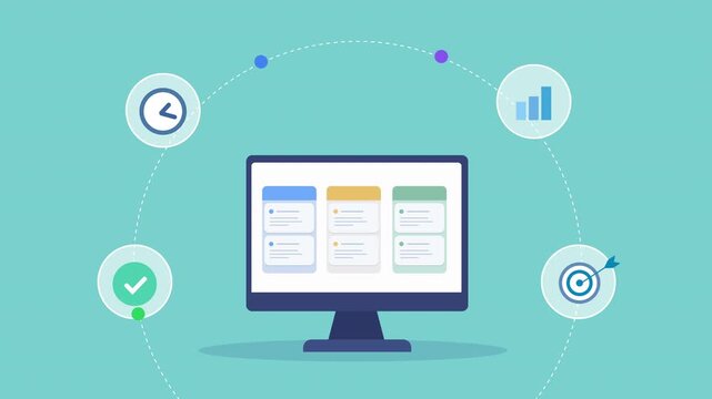 Animated flat vector motion graphic featuring an AI productivity dashboard on a desktop monitor with timer, analytics, target, and verification icons. Ideal for performance tracking, workflow manageme